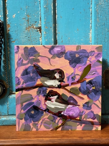 Two Chickadees & Pansies - 12x12