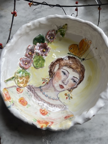 Picture of She & Her Hollyhocks Art Bowl  - ooak by Julie Whitmore