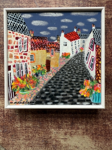 Picture of "Culross, Cobbled Streets & Spring Flowers" - 6x6 original art by Nikki Monaghan 