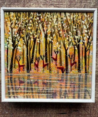 Picture of "Golden Woodland the Herd" - 6x6 original art by Nikki Monaghan