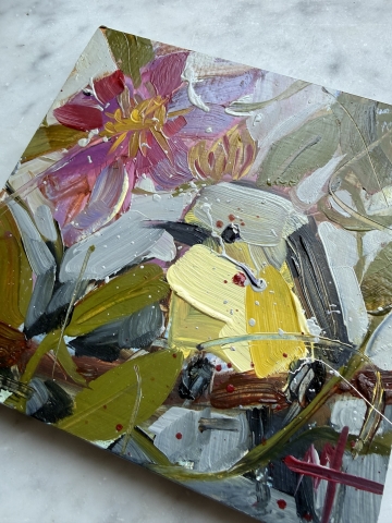Picture of Bell's Vireo & Hibiscus - 6x6  - Original Art by Angela Moulton 