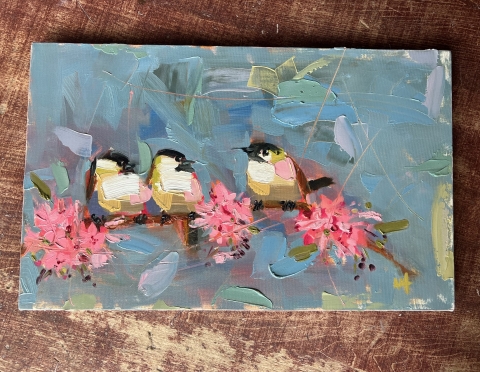 Picture of Three Chickadees & Cherry Blossoms by Angela Moulton -  13x21 - SALE 